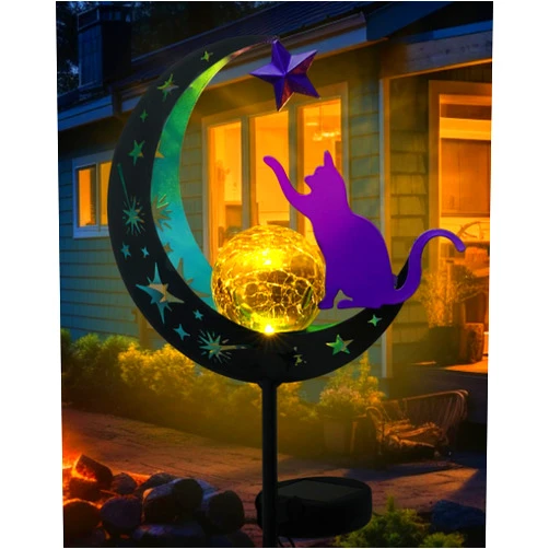 Putuo Decor Garden Solar Lights for Outside, Moon Solar Metal Solar Garden Lights Outdoor Waterproof, Cat Garden Decor for Yard, Solar Outdoor Lights Decorative for Outdoor Garden Decoration