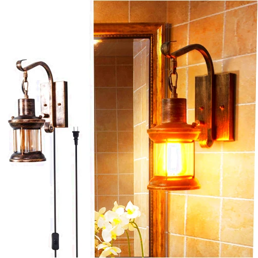 Yisuro Rustic Wall Light, 2-in-1 Antique Bronze Vintage Wall Light Fixture Hardwired Plug in Industrial Glass Shade Lantern Lighting Retro Lamp Metal Wall Sconce for Home Bedroom Dining Room café(1 Pack)
