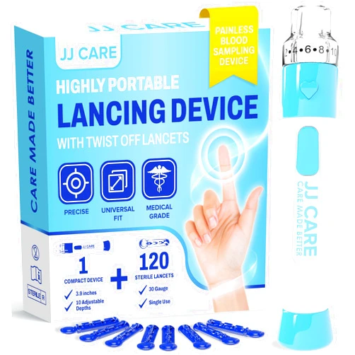 JJ CARE Lancing Device with 120 PCS Twist Off Lancets (30 gauge), 10 Adjustable Depth Settings, Lancing Device for Diabetes Testing with Push Button Ejector, Lancet Device for Blood Glucose Testing