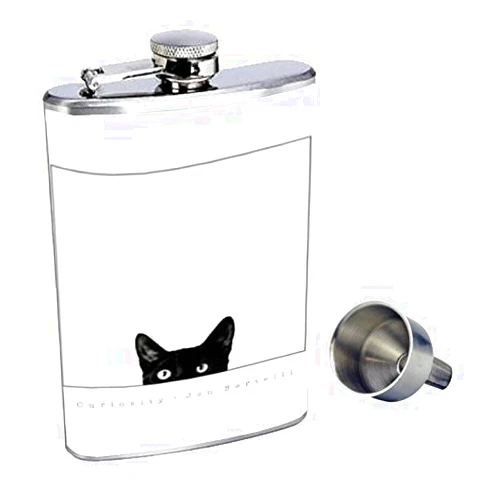 Perfection In Style Black Cat Curiosity Very Cute Perfection In Style 8oz Stainless Steel Whiskey Flask with Free Funnel D-024