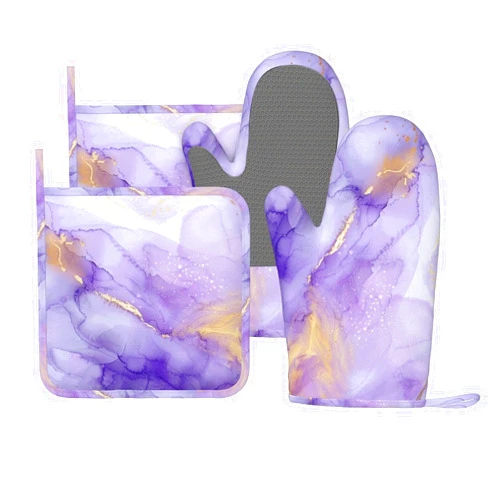DADABULIU Oven Mitts and Pot Holders Pastel Purple Marble Silicone Kitchen Accessories Set of 4 Heat Resistant Long Gloves Potholder Non-Slip Grip for Chef Cooking Baking Grilling BBQ