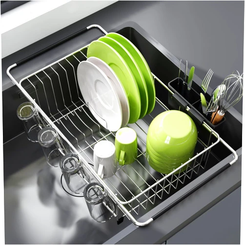 JASIWAY Dish Drying Rack in Sink - Expandable Stainless Steel Dish Drainers for Kitchen Counter, Dish Dryer Rack for Inside Sink, Over The Sink Dish Racks with Utensil Holder, Sink Colander, Silver