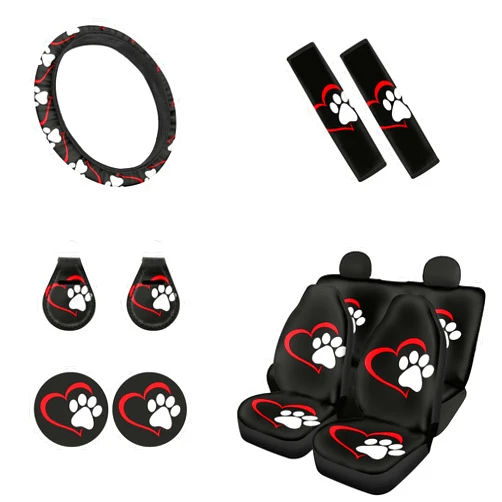 JEOCODY Animal Paw and Heart Symbol Print Car Seat Cover Set with Steering Wheel Cover + Auto Coasters + Keychains + Car Seat Belt Pads Cover Full Set 11 Pack Car Accessories for Women Men Gifts