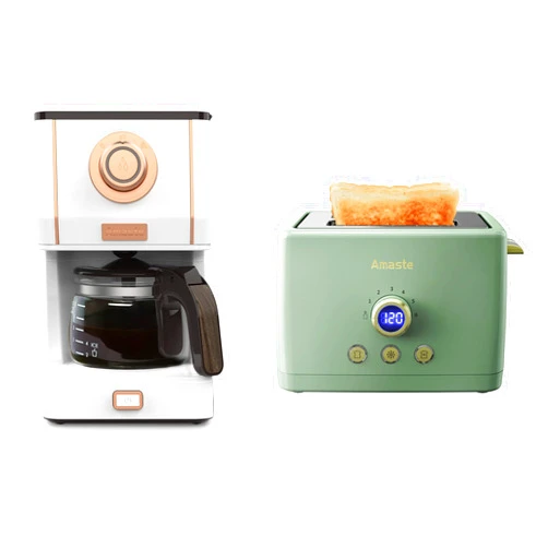 Amaste Retro Coffee Maker & Toaster Set- Elegant White with Rose Gold & Matcha Green