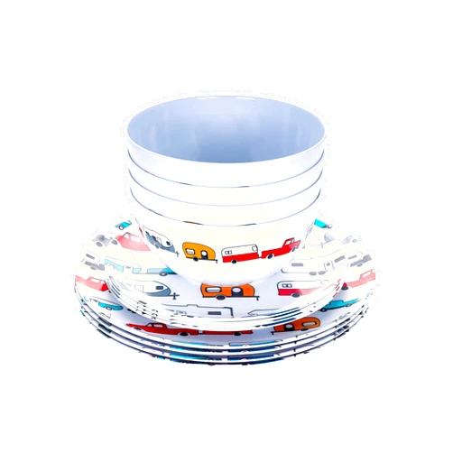 Camco Life is Better at The Campsite Dishware Set | Includes (4) Large Dinner Plates, (4) Small Salad Plates and (4) Bowls | Top Rack Dishwasher Safe | Multi-Color RV and Truck Design (53295)