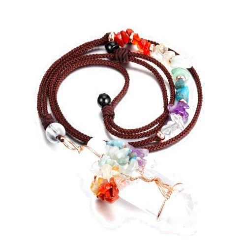 Jovivi 7 Chakra Gemstone Wire Wrapped Natural Clear Quartz Healing Crystal Point Pendant Necklace for Women Mother's Day Gift