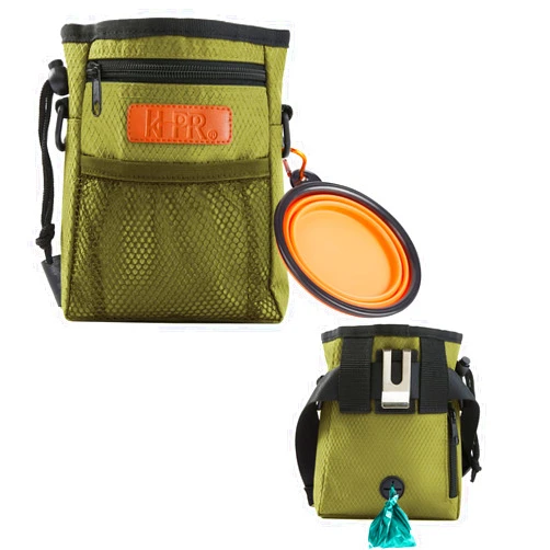 KHPR Dog Treat Training Pouch Easily Carries Pet Toys Kibble, Treats Built-in Poop Bag Dispenser 3 Ways to Wear Comes with a Foldable Silicone Bowl(Army Green)