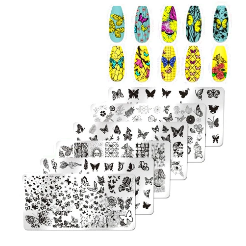 JERCLITY 6pcs Butterfly Nail Stamping Plate Nail Stamping Kit for Nails Butterfly Flower Bird Feather Leaf Image Plates Nail Art Design Template Print Nail Stamper Kit for Women Nail Art Tool Set