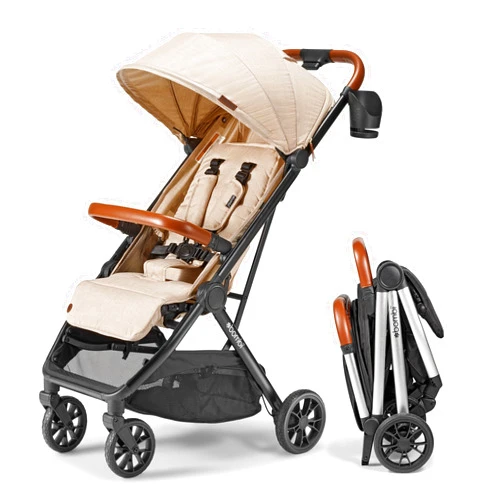 Bombi Bēbee V2 Lightweight Baby Stroller - Premium Vegan Leather, One-Hand Fold, Infinite Recline, Aircraft-Grade Aluminum Frame, XXL Canopy, and Ample Storage Umbrella Stroller - Sand