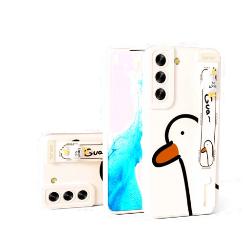 Onefeel Cartoon Case for Sasmung Galaxy S22 Case 6.1 Inch (2023) Cute Duck Cartoon Character Design with Wrist Strap Band Holder Shockproof Protection Bumper Kickstand Cover Beige