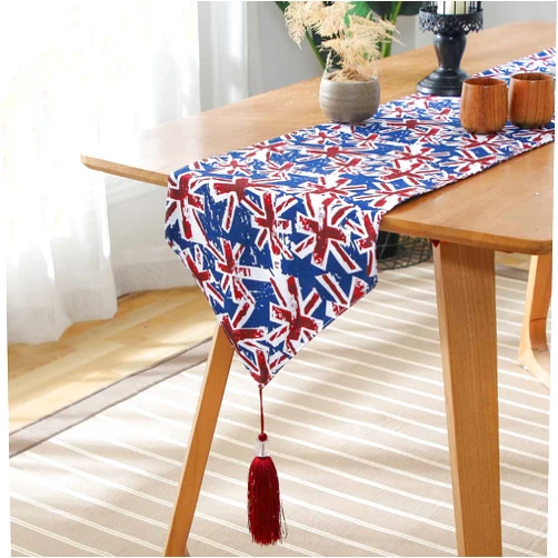 CWYPB Table Runner, with Tassel Cotton Linen Dining Table Runners, British Flag Print Table Decoration Sequence Runner, for Birthday Party Wedding Christmas Decor,33X80cm/13X31