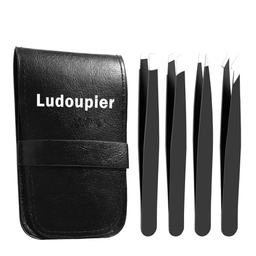 LUDOUPIER [4+1 Pieces] Tweezers Set with Travel Case, Great Precision Upgrade Professional Anti-rust Alloy Tweezers for Women & Men, Multi-purpose as Eyebrows Facial Hair Ingrown Hair Removal
