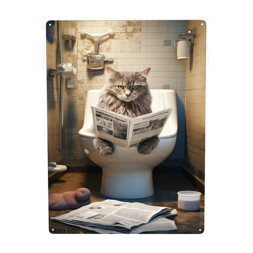 CDSASHCA Cat reading newspapers on the closestool,Classic Home Toilet tin sign Wall Art decor metal Signs Plaque Decor,Vintage metal Poster for Kids room,Bathroom,Bedroom Toilet,Bar,Cafe 12x16 inch