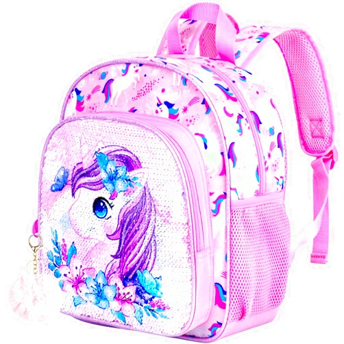 KLFVB Toddler Backpack for Girls, Cute Unicorn Bookbag for Little Kids, 12” Sequin Kindergarten Preschool Schoolbag