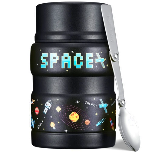 Charcy 17oz Kids Thermo for Hot Food - Soup Thermo with Folding Spoon - Insulated Food Jar for Hot & Cold Food - Black Galaxy