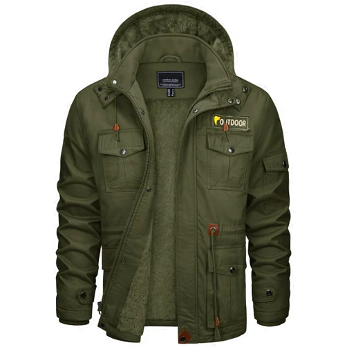 CRYSULLY Men's Winter Jacket Cotton Military Jackets Fleece Lined Thick Warm Cargo Coats Multi-Pocket Outwear with Hooded