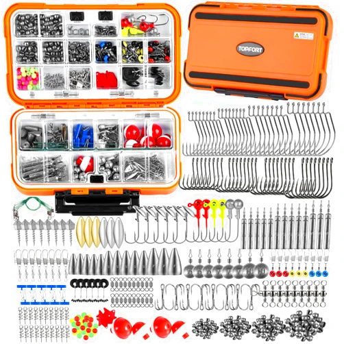 TOPFORT 187/343pcs Fishing Accessories Kit, Organized Fishing Tackle Box with Tackle Included, Fishing Hooks, Fishing Weights Sinkers, Fishing Gear and Equipment, Fishing Gift for Men