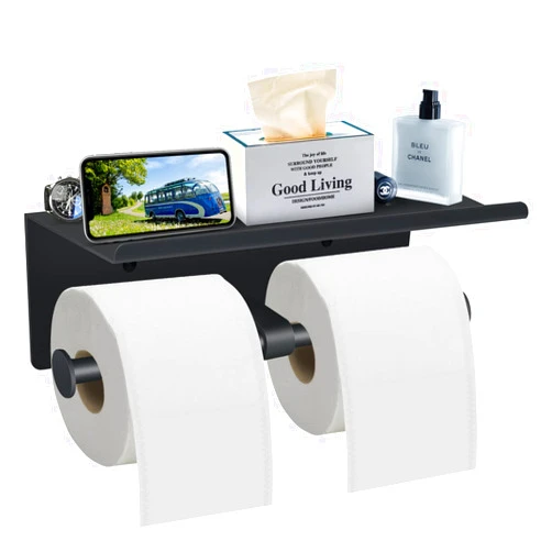 Bjiotun Toilet Paper Holder with Shelf Wall Mounted Toilet Paper Storage, Double Roll Tissue Holder Dispenser Bathroom Toilet Paper Holder (Matte Black)