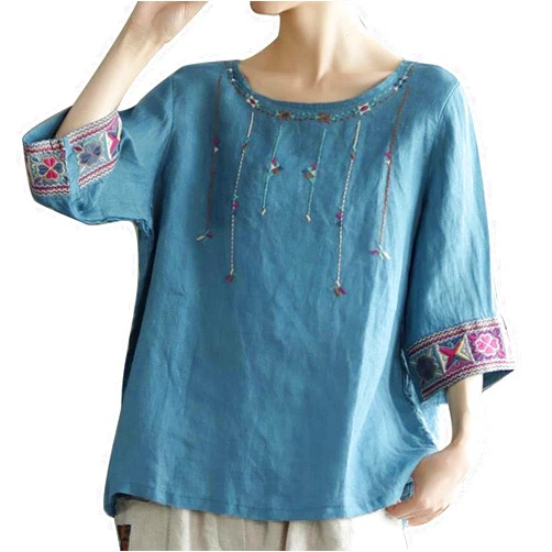 Generic Shirts for Women Casual Elegant Vintage Tops Trendy Crew Neck Half Sleeve Embrodery T-Shirt Blouses Outfits 2024