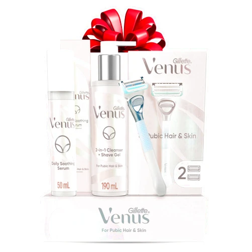 Gillette Venus for Pubic Hair and Skin, 1 Razor Handle + 2 Blade Refills, 2-in-1 Cleanser + Shave Gel and Daily Soothing Serum
