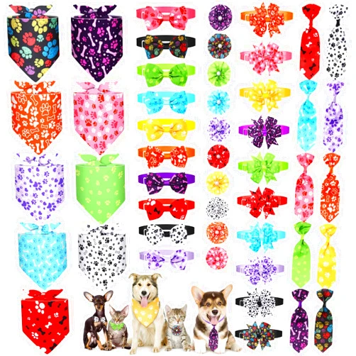 Hosuly 50 Pcs Dog Bandana Collar Set Bone Paw Pattern Include 10 Dog Bow Ties 10 Neckties Collar 10 Pet Scarf 10 Dog Bows Flowers 10 Hexagonal Bowties Cat Dog Grooming Accessories for Groomer Pet Shop