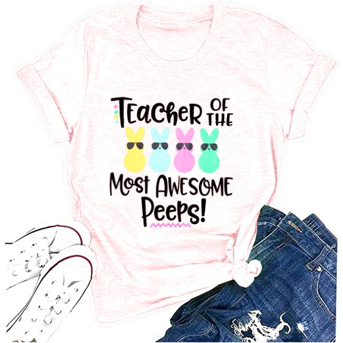MNLYBABY Easter Teacher Shirt Women Teacher of The most Awesome Peeps Shirt Cute Easter Day Peeps T-Shirt