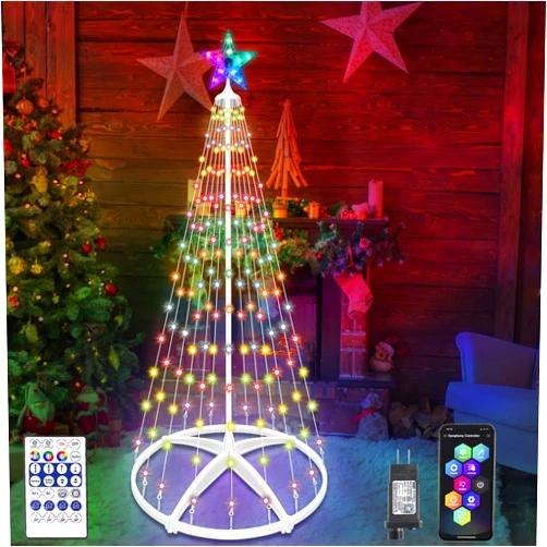 AMIPEPE Smart LED Christmas Cone Tree Light, 5ft 166 LED Lighted Artificial Tree with Star Topper, Music Sync with Remote APP Control, DIY RGB LED Light Show Tree for Xmas Outdoor Decorations