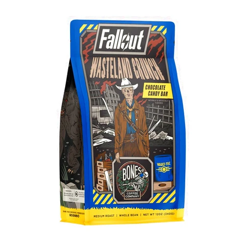Bones Coffee Company Wasteland Crunch Flavored Ground Coffee Beans Chocolate Candy Bar Flavor | 12 oz Medium Roast Low Acid Coffee | Gourmet Coffee Inspired From Fallout Series (Ground)
