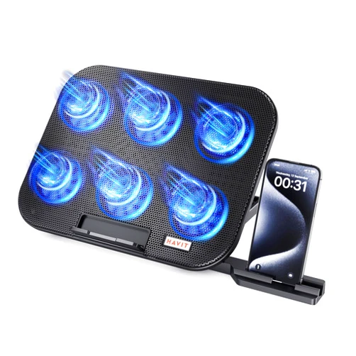 HAVIT Laptop Cooling Pad with 6 Quiet Fans and Adjustable Heights for 12-14.1 Inch Laptops, Dual USB Ports, Phone Holder, Efficient Cooling Stand for Heat Dissipation