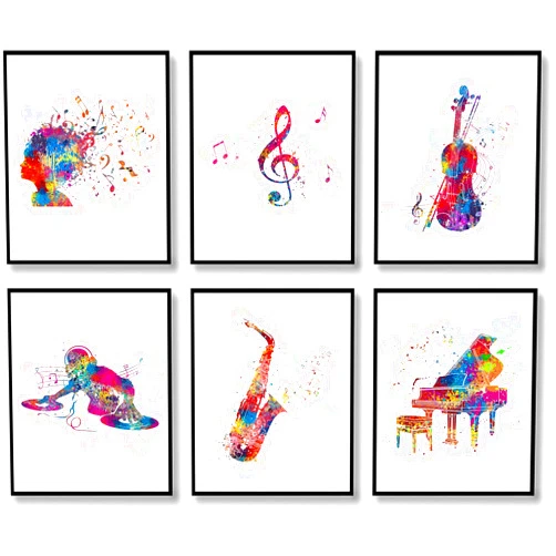 SIKYUCOR Piano Violin Watercolor Music Wall Art Prints Musical Instrument Art Musician Gift Home Decor Music Poster, Abstract Musical Hair, Treble Clef Music Note, Playing Discs Wall Decor (8
