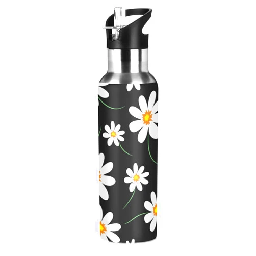Qilmy Sport Water Bottle with Straw Lid Vacuum Insulated Stainless Steel Thermo Flask Daisy Flower Water Bottle 20 oz