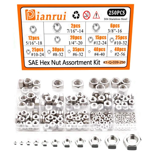 Dianrui 250Pcs 304 Stainless Steel SAE Hex Nuts Assortment Kit, 2-56#4-40#6-32#8-32#10-24#10-32#12-24 1/4-20 5/16-18 3/8-16 7/16-14 Hexnut Set K1-Q-039-250