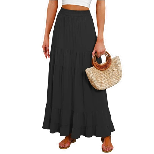 ANRABESS Womens Maxi Skirt Elastic High Waist Swing Tiered A-line Flowy Pleated Boho Beach Vacation Long Skirts