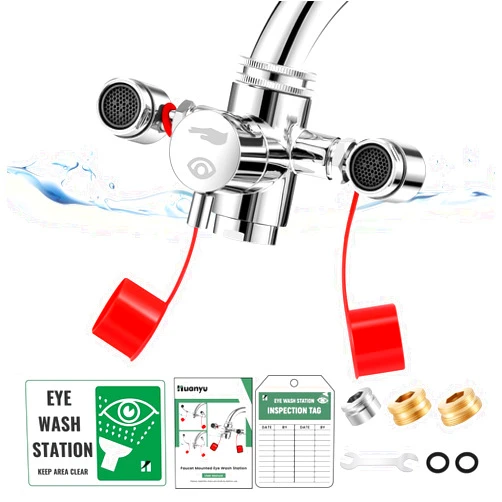 Huanyu Faucet Mounted Eyewash Station 360°Rotation Emergency Eye Wash Station Sink Attachment Adjustable Water Flow Direction Eye Wash Faucet for Lab Factory with 3 Adapters (Style A)