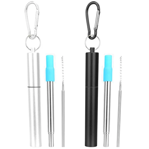 FYY Reusable Straws with Case - 2 Pack Collapsible Stainless Steel Travel Straws with Cleaning Brush & Silicone Tips Portable Telescopic Drinking Straws with Keychain Ring, Cruise Ship Essentials 2P1