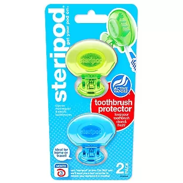 Steripod Clip-On Toothbrush Protector, Green and Blue, 2 Count