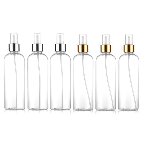 HIPIHOM 6Pcs Clear Fine Mist Spray Bottles with Gold and Silver Trim Atomizers Dust Caps, BPA Free PET Plastic Empty Travel Containers for Aromatherapy, Facial Spray, Hair Styling, 3.4oz/100ml