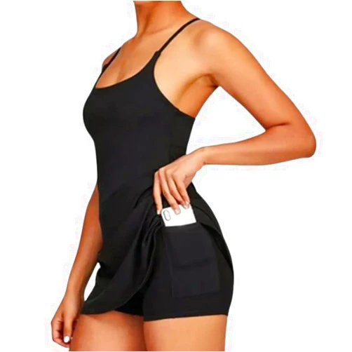 Granico Peelero Dress, Womens Tennis Dress, Workout Dress with Built-in Bra & Shorts Pockets, Plush Backless Dress