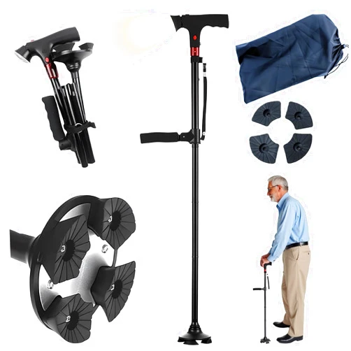 Qacitxt Walking Cane for Women & Seniors Balance – Foldable Adjustable Smart Cane for Men with LED Light & Alarm, Four-Leg Base & Double Handles, Lightweight Mobility Aid for Elderly Stability