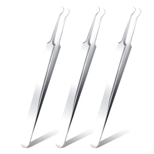 Honoson 3 Pcs Blackhead Tweezer Stainless Steel Pimple Tweezers Extractor Tool for Remove Blackhead Zit Whitehead Pimple Bend Curved Tweezer Skin Blackhead Remover Tools(Silver)