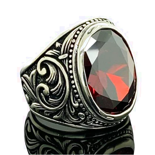 Mercan Silver Men Handmade Ruby Stone Ring, Oval Red Stone Ring, Ottoman Style Handmade Ring, 925k Sterling Silver Ring, Gift For Him