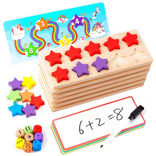 SYNARRY Wooden Ten-Frame Set Math Manipulatives for Kindergarten Classroom Elementary 1st 2nd Grade, Montessori Toys Gifts for 3-8, Addition and Subtraction Counters Math Games for Kids Ages 6-8