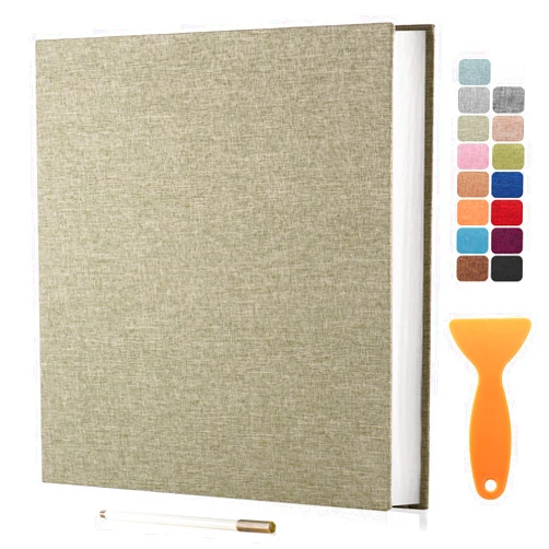 HenPisen Large Photo Album Self Adhesive Scrapbook Album for 4×6 5×7 8×10 Pictures DIY Magnetic Linen Cover Album 40 Pages for Family Wedding Gifts with Metal Pen and Plastic Board