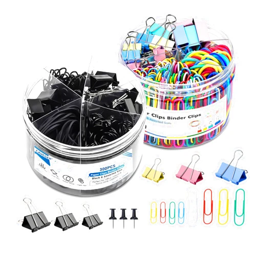 CAVEGER Office Supplies Paper Clips Binder Clips - 600Pcs Colored Office Clips Set, Assorted Sizes Paperclips Paper Clamps Rubber Bands Push Pins for Document Organizing, Home Office Teacher School Supplies