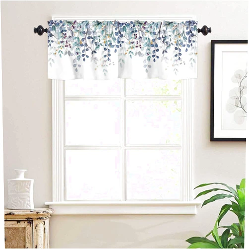 Bilagawa Navy Blue Eucalyptus Leaf Valances Curtains Spring Summer Leaves Watercolor Plants Kitchen Valance Short Curtains Rod Pocket Window Treatments for Bathroom Bedroom Windows 42x12 Inch
