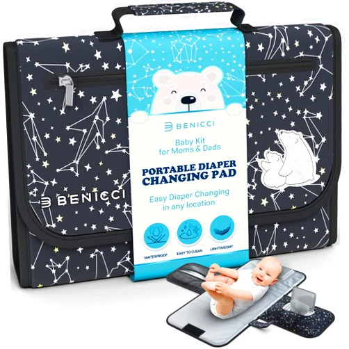 Benicci Portable Baby Diaper Changing Pad - w/Soft Built-in Pillow & Strap for Strollers - Comfortable, Lightweight & Waterproof - Made with Premium Materials - Great for Newborn Girls & Boys & for Travel