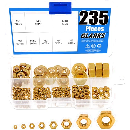Glarks 235Pcs Metric M2 M2.5 M3 M4 M5 M6 M8 M10 High-Strength Brass Hex Nuts Assortment Kit