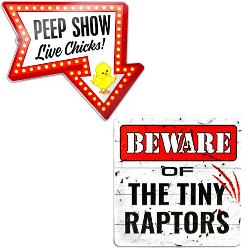 Bigtime Signs PVC Chicken Coop Sign - Peep Show Live Chicks and Beware of Tiny Raptors Hen House & Rooster Shelter Plaque - Funny Coop, Farm, Home, Outdoor Decorations