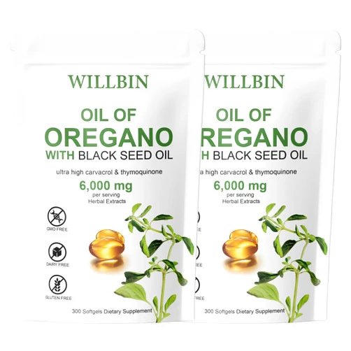 Willbin 2 in 1 6000mg Oil of Oregano with Black Seed Oil 200mg Softgels, Extra Strength Oil of Oregano Supplement, Non-GMO, Dairy Free, Gluten Free, Organic Oregano Oil, 300 Softgels (2)