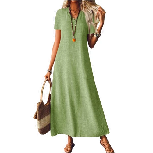 Generic Summer Dress for Women 2026 Cotton Linen Maxi Dresses Casual Short Sleeved Long Sundress Vacation Outfits